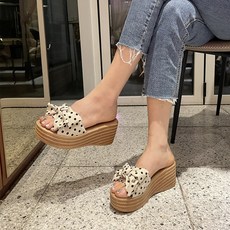 ShoesN 女款圓點蝴蝶結跛跟拖鞋 SN071, 米色, 230