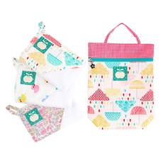Coney Island 女童拼接圖案印花掛繩毛巾 3入+防水手提袋 H款, 小花款+小鴨款+雨傘款, 1組