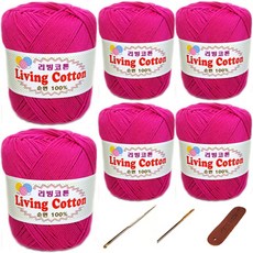 행복뜨기 리빙코튼 뜨개실 6볼 + 3~5호 + 돗바늘 + 라벨 세트, 꽃핑크, 1세트