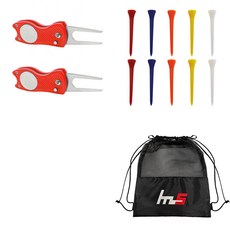 NAYASTYLE 高爾夫果嶺修補器 2入 + 塑膠高爾夫長球梯 10入 + 收納袋套組 GFYP-39-1+167-3PU, 隨機出貨(高爾夫球梯)