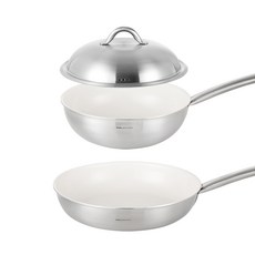 EDELKOCHEN Easy Prism 三層不鏽鋼平底鍋套裝, 奶油色, 平底鍋28cm+炒鍋24cm+圓頂鍋蓋24cm, 1組
