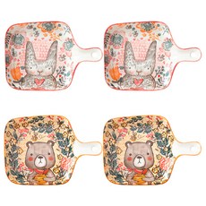 윌리브 동물캐릭터 도자기 손잡이 접시 2종 세트, 레드, 오렌지, 2세트