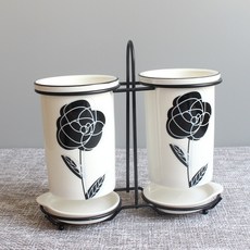 몬드스팟 물빠짐 세라믹 꽃 플라워 수저통 2구 + 받침대 2p + 꽂이 세트 YY57421, 화이트 B, 1세트