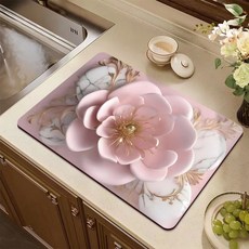 3D착시 규조토 발매트 소프트 물흡수 주방 식기건조 드라잉 매트, 플라워 탑핑크