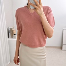 라미르 여성용 여리핏 브이넥 반팔 니트