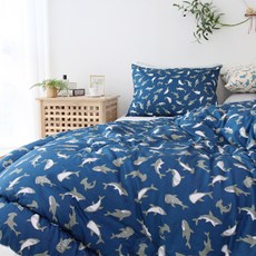 StoryEbul 孩童60支紗純棉四季被+床包+枕套組, 海軍藍(鯊魚款)