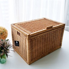 MAISONINDAHRATTANSHOP 高級款天然藤製附蓋藤籃, 米色, 1個