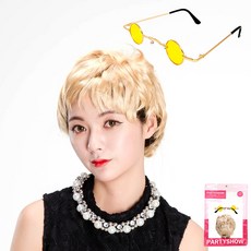 PARTYSHOW 偶像假髮 + 復古迷你眼鏡組, 1套, 假髮(金色), 金邊黃色(眼鏡)