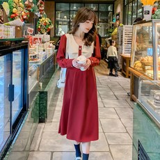 翻領修身長袖孕婦連身裙