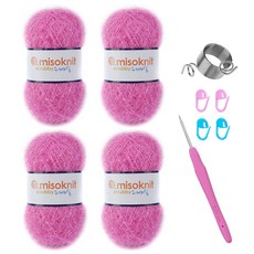 미소털실 수세미실 4p + 크로셰바늘 랜덤발송 + 단수핀 랜덤발송 4p + 뜨개반지링 세트, 35 핑크레드(수세미실), 1개