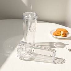 ssueim 韓系插畫印花冷飲杯 附吸管 2款 各2入, 花，微笑, 500毫升