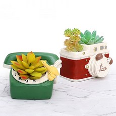 홈플로우 귀여운 동물과 레트로 아이템 수지 화분 2종 세트, 전화기, 카메라, 1세트