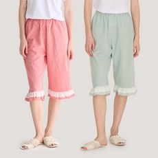 테라우드 여성용 리썸 체크 레이스 7부 파자마 바지 2종 세트