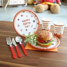PARTYHAE 生日派對消防員圖案文字印花餐盤 18cm 20入+水杯組 20入, 1套