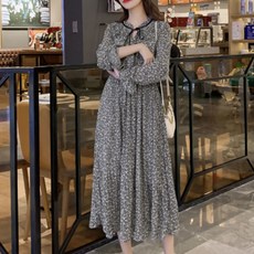 孕婦小碎花長袖連身裙