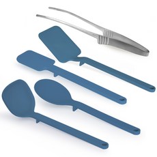 Reborn.J 不沾地矽膠料理工具4件組 + 不鏽鋼烤肉夾組合, 5件組, 海軍藍(矽膠料理工具), 1個