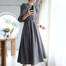 BBAE BBAE 女款圓點圓領7分袖連身裙, 深灰色