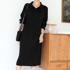 BBAEBBAE 女款開襟領針織長版連身裙, 黑色