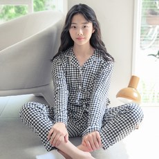 CocoDream 青少年學生基本款格紋領襯衫長袖睡衣上下套裝