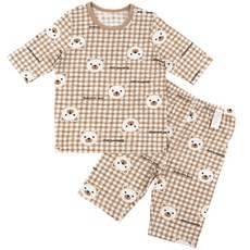 Maykids 童款印花竹節棉2件式7分袖套裝 格紋小熊款