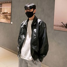 meosidda 男款寬鬆剪裁雙向拉鍊人造皮革夾克