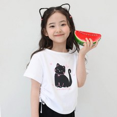 로로샤 아동용 통기성 면 세미크롭 고양이 셔링 키치 반팔 티셔츠