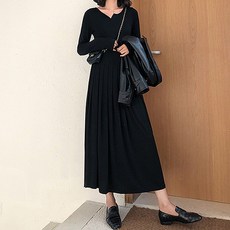 MeiChel 大尺碼圓領開衩連身長裙, 黑色的