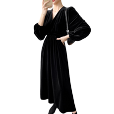 루나글램 임산부 프렌치 퍼프 슬리브 벨벳 원피스 swq291