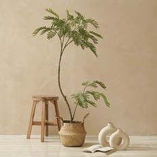 플라우스302 미모사 조화 나무 140cm + 왕골 바구니 세트, 1세트, 혼합색상