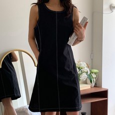 BBAE BBAE 女款圓領亞麻縫線無袖連身A字長裙, 黑色