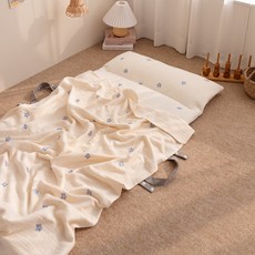 vivienda 孩童100支棉&Duraron涼感材質雙面薄墊+4層棉質紗布午睡被+超細纖維枕芯組, 藍色花朵款