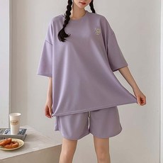 라라온 패치 루즈핏 라운드 반팔 티셔츠 + 밴딩 반바지 세트 TSP2331