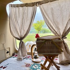 汽車後車箱用格紋印花窗簾 2入+窗簾綁帶 2入+繩子+收納袋+LED球燈串組, 1套, 棕色