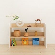 SimpleRoom 幼兒用託兒所原木兒童房低款3層教具櫃, 橡木色 + 白色