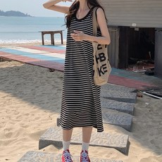 Goodif 女款條紋圓領無袖連身裙, 黑色條紋