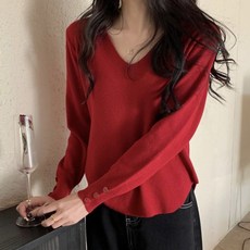 PEONIST 女款V領袖口鈕扣寬鬆針織衫