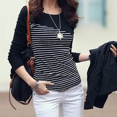 구디프 여성용 라운드넥 스트라이프 긴소매 티셔츠