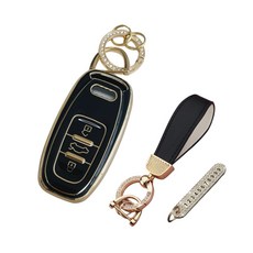 루루형제 아우디 자동차 호환 TPU 키케이스 + 번호키링 + 가죽스트랩, 다크블랙, AA-01