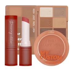 I'm 暖色系化妝品組 我愛好感直覺眼影書 3號色+我愛甜潤烤奶腮紅 5號色+我愛極霧烤茶唇膏 8號色, 顏色圖案調色板+我的定制腮紅+繪圖工作室天鵝絨唇膏, 1組