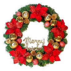 MODACore 摩達客 24吋浪漫朵朵聖誕花豪華綠色聖誕花圈福臨圈, 紅金系, 1件