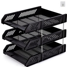 쇼핑죠이 3단 오픈형 서류정리 A4 트레이 + 후크 세트, 블랙(트레이), 투명(후크)