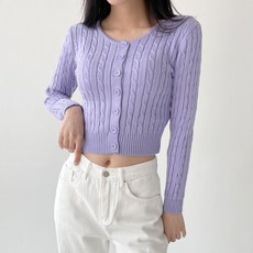 Planday 女性柔美細麻花短版圓領開襟衫