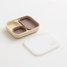 TACKAON 123 矽膠吸附2格餐盤 + 2格蓋子 + 配料碗 + 長碗組, 1套, 黃色(餐盤), 棕色(碗)