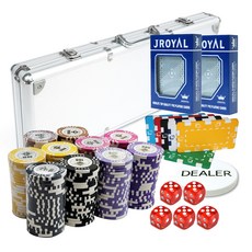 籌碼 500入+鋁盒+撲克牌 2入+方形籌碼 4入+莊家籌碼+ 鑰匙 2入+骰子 16mm 5入, 銀色（盒）、隨機發貨（方片）、透明（骰子）