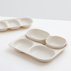 TACKAON 四角Eco Gen 3格深餐盤+分菜盤+飯碗+湯碗組, 象牙色(深盤),沙色(共享盤,飯碗,湯碗), 盤子+分享盤+飯碗+湯碗, 1組