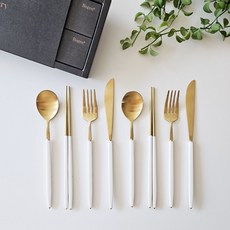 보겐 러블리 양식 2인 커트러리 선물세트, 골드 + 화이트, 숟가락 2p + 젓가락 2쌍 + 포크 2p + 나이프 2p