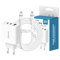 팬택 PD 65W 3포트 GaN 초고속 멀티충전기 + C타입 실리콘 충전 케이블 100W 2m 세트, 화이트, 1개