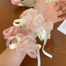 비비뮤아 여리여리 핑크쉬폰 플라워 셀프웨딩 헤어 곱창끈 2종 세트 HR588