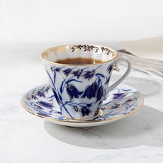 임페리얼포슬린 래디얼 블루벨즈 티컵 앤 소서 240ml, 화이트 + 골드 + 블루, 1개