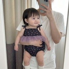 스타도어 신생아용 퍼플리본 끈나시 원피스 수트